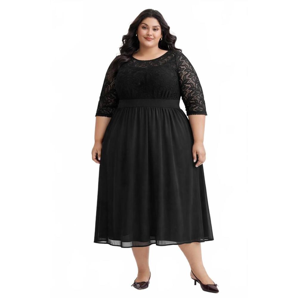 Bloomchic 5X Lace Patchwork Shirred Midi Pocket D… - image 1